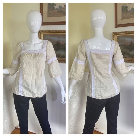 Tory Burch Square Neck Peasant Linen Blouse - Picture 1 of 13